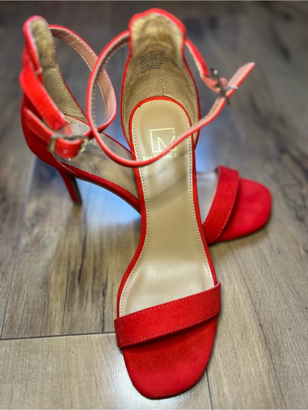 Material Girl Red Suede Open-Toe Ankle-Strap Heels